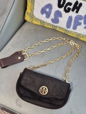 TORY BURCH Gold Chain Black Leather & Shearling Crossbody Bag